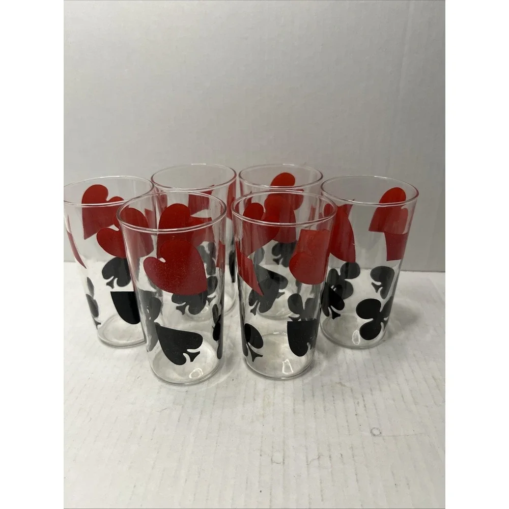 Mid Century Modern Card Suits Drinking Glasses Set of 6 Poker Night Barware